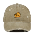 Close-up of khaki washed baseball cap featuring cheese embroidery and distressed details - One Size / Khaki