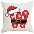 Christmas pillowcase featuring red letter W with Santa hat on beige fabric - Letter W