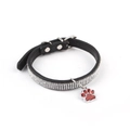 Adjustable black leather pet collar with four rows of rhinestones and a red paw pendant - S / Black Leather Four-Row Rhinestone Paw