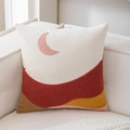 Velvet cushion cover with embroidered abstract landscape and pink crescent moon design - Moon
