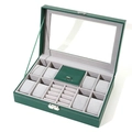 Green leather watch box with clear window, 8 watch pillows and ring slots display - 8+2 Slot Green Box (Window)