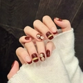 Short square press-on nails in deep red with floral art and gold chain accents - XS Extra Small / Wine Red Gold Floral Cat Eye (591-Short Trapezoid)