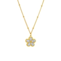 Elegant gold flower pendant necklace with rainbow luster petals and beaded chain on white - Golden Five Petal Flower Necklace (E710)