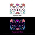 Fluoreszierende Totenkopf-Gesichtstattoos mit rosa Blüten und blauen Ranken, Modell FY-002 - Fluoreszierend FY-002