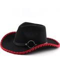Classic western cowboy wool felt hat with red stitch brim and bull leather belt - Black (Red Edge)