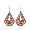 Detail shot of vintage geometric hollow wooden teardrop earrings on a white background - Style 30