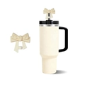 Beige 10mm bow straw cover for tumbler with rhinestone trim on lid and matte finish - Beige