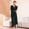 Men's dark green plush bathrobe with contrast trim and waist tie in home setting - M / Forest Green - Men
