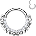 Silver G23 titanium septum hoop featuring clear cubic zirconia and decorative outer beads - Front-Facing Stones with Beads / 1.2*10mm