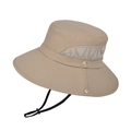 Men's khaki wide brim sun hat with breathable mesh side panels and adjustable chin strap - Khaki