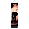 Detailed view of forest elephant silhouette wall tapestry with warm sunset colors and tassels - 32.5x130cm / Style-5 (Elephant & Warm Moon)