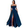 Elegant dark teal satin off-shoulder evening gown with high slit and flowing long skirt - US 14 / Teal