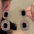 Orecchini a sospensione quadrati geometrici con pietre nere e strass scintillanti - 3# Perno per orecchino in argento - Regolare - Nero argento