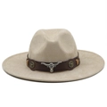 Classic khaki suede fedora hat featuring a vintage bull head emblem and leather band - M (56-58cm) / Beige