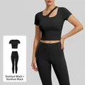 Ensemble de yoga noir étoilé avec haut à col oblique évidé et legging de sport taille haute - S / Noir Étoilé + Noir Étoilé