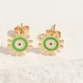 Golden sunburst gear stud earrings with green and white evil eye enamel inlays - Green Evil Eye