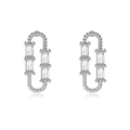 Silver paperclip stud earrings featuring rectangular zircon stones and a twisted texture - 925 Silver / Silver With White Zircon