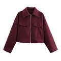 Detail of burgundy wool-like jacket featuring silver zipper and large flap pockets - Burgundy