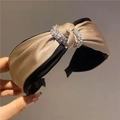 Elegant twisted wide headband with champagne satin finish and sparkling rhinestone rings - S4 Champagne Satin Full Rhinestone Ring Knot Style