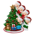 Customized family of five resin Santa hanging ornament with a brown bear and Christmas tree - 5 Members / Machine Printed