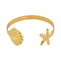 Adjustable golden cuff bracelet featuring vintage starfish and seashell ocean motifs - Gold Shell Starfish Cuff B3
