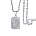 Hip hop silver square necklace with letter S pendant on a twisted rope chain - Silver - S
