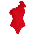 Dettaglio del costume da bagno monospalla rosso con decorazioni floreali in 3D - S / Costume intero