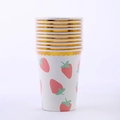 Disposable paper cups with pink strawberry patterns and gold scalloped edges for parties - Strawberry Paper Cups