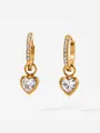 Close-up of golden hoop earrings featuring zircon studs and heart-shaped crystals - Gold (D2892)