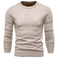Slim fit men's crewneck knit sweater in beige featuring ribbed cuffs and hem detail - Crew Neck Khaki