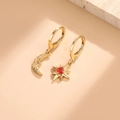 Elegant gold asymmetric earrings with crescent moon and star pendant featuring red zircon - Gold with Red Rhinestones