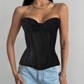 Slim fit black sequin corset top with vertical stripes and supportive fishbone design - S / Black