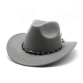 Detail of grey felt cowboy hat featuring handcrafted brown braided band with red beads - M (56-58cm) / Gray