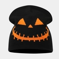 Detailansicht der schwarzen Halloween-Mütze mit orangefarbenem Kürbis-Strickmuster - Stil A Schwarz+Orange (Kürbisgesicht)