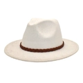 Close-up of beige wool fedora hat with a detailed brown braided leather hatband - M (56-58cm) / White