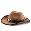Detail of wool western cowboy hat with cattle head buckle and woven edge - M (56-58cm) / Stitched Khaki Hat with Black Edge