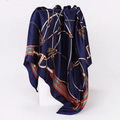 Detail of navy blue square silk scarf with vintage equestrian pattern and satin luster - 90x90cm / Navy Blue (D9019)