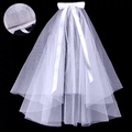Short two-layer white bridal veil with ribbon bow and hair comb for wedding hairstyles - 2-Layer Plain Mesh (Bow) / Alloy Hair Clip