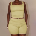 Women's 2-piece light green square neck ribbed crop top and matching slim shorts set - S / Yellow