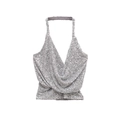 Sparkly silver sequin halter neck backless crop top for women's party wear - XS / Silver