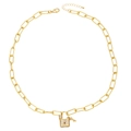 Gold paperclip chain necklace with micro-pave zircon lock and key pendants - Gold