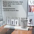 Minimalist white and silver wooden desk calendar with a metal mesh pencil holder - White Silver Color