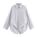 Flat lay of a long-sleeve striped shirt with a unique asymmetric overlapping hem design - XS / Sky Blue