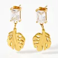Elegant gold leaf earrings featuring rectangular zircon studs in a polished finish - Gold White Zirconia (KDE896)