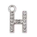 Close-up of silver metal H-letter pendant with sparkling rhinestones and a hanging loop - Letter H