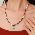Christmas beaded necklace with red green white beads and snowflake pendant in gold finish - D1223 Single Layer Beaded Snowflake Round Pendant