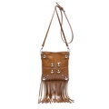 Vintage brown crossbody bag with silver studs and long fringe tassels on white background - Brown