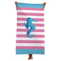 Pink and white striped microfiber beach towel featuring a central blue seahorse design - JF813-6 Pink White Striped Seahorse