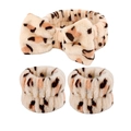 Leopard print plush headband and wristband set with a decorative bow accent - Beige Leopard Print 3-piece Set (hand-stitched Wrists)