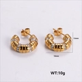 Golden C-shaped textured stainless steel hoop earrings with sparkling rhinestones - C-Shape Ribbed Style (AMLEH205)